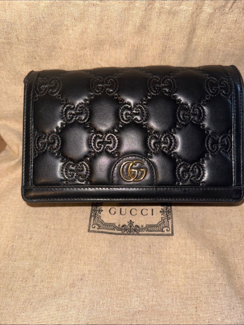 Calfskin GG Matelasse Chain Wallet Black